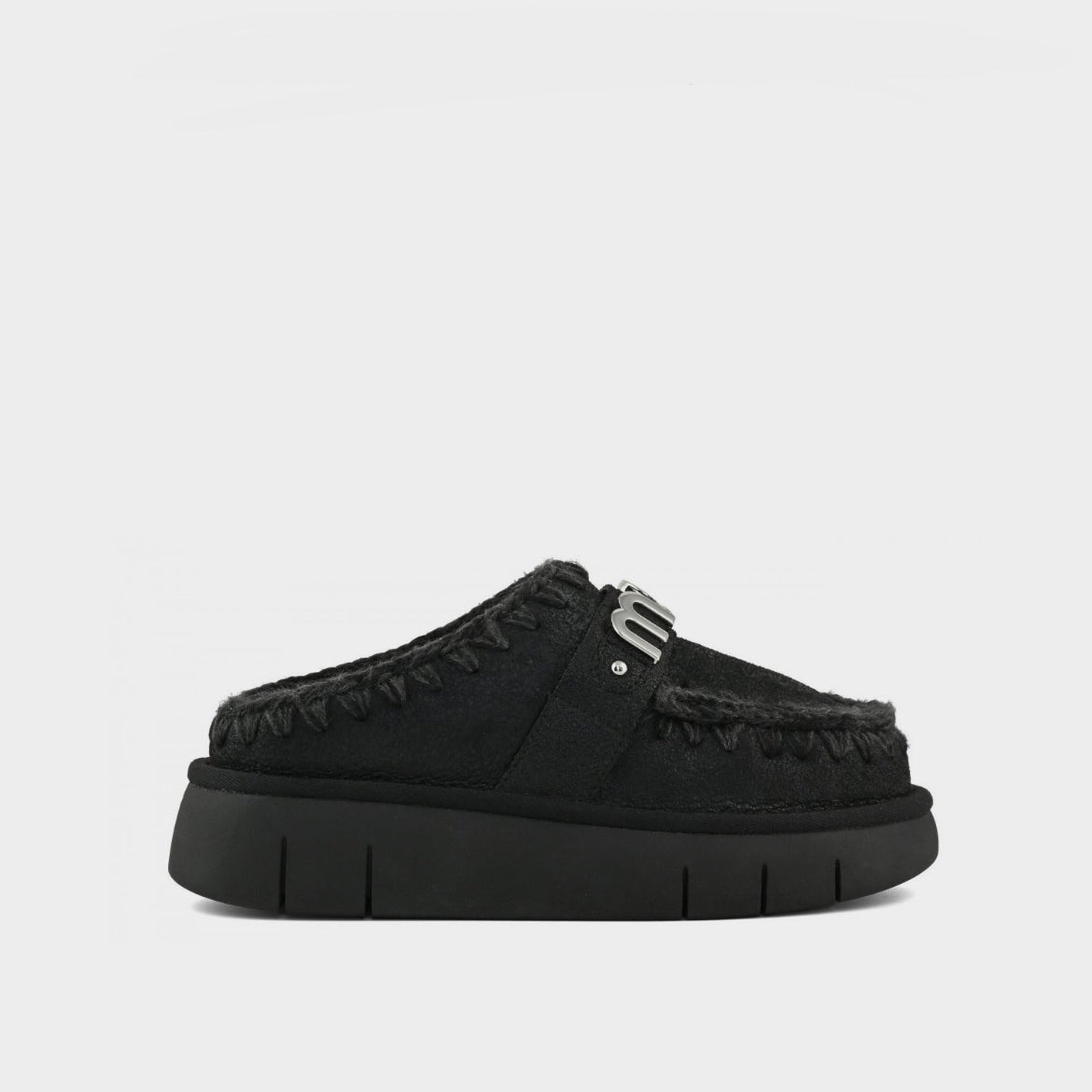 Mou Boots AI25-26 Bounce Clog Metal Logo Special Leather Cracked Black