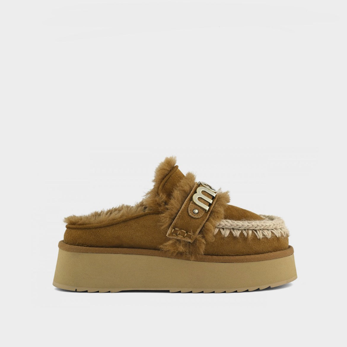 Mou Boots AI25-26 Platform Clog Strap Logo Cognac Suede