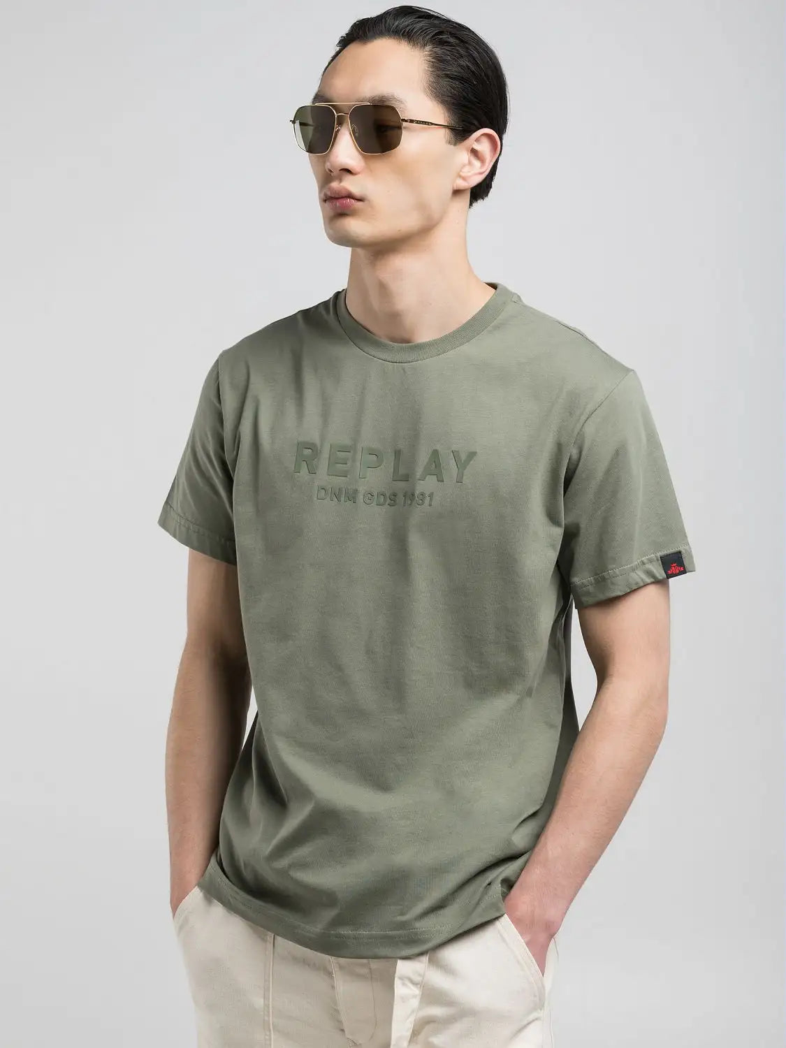 Replay SS25-26 T-shirt con Stampa Lettering in Jersey Fiammato Sage Green Man