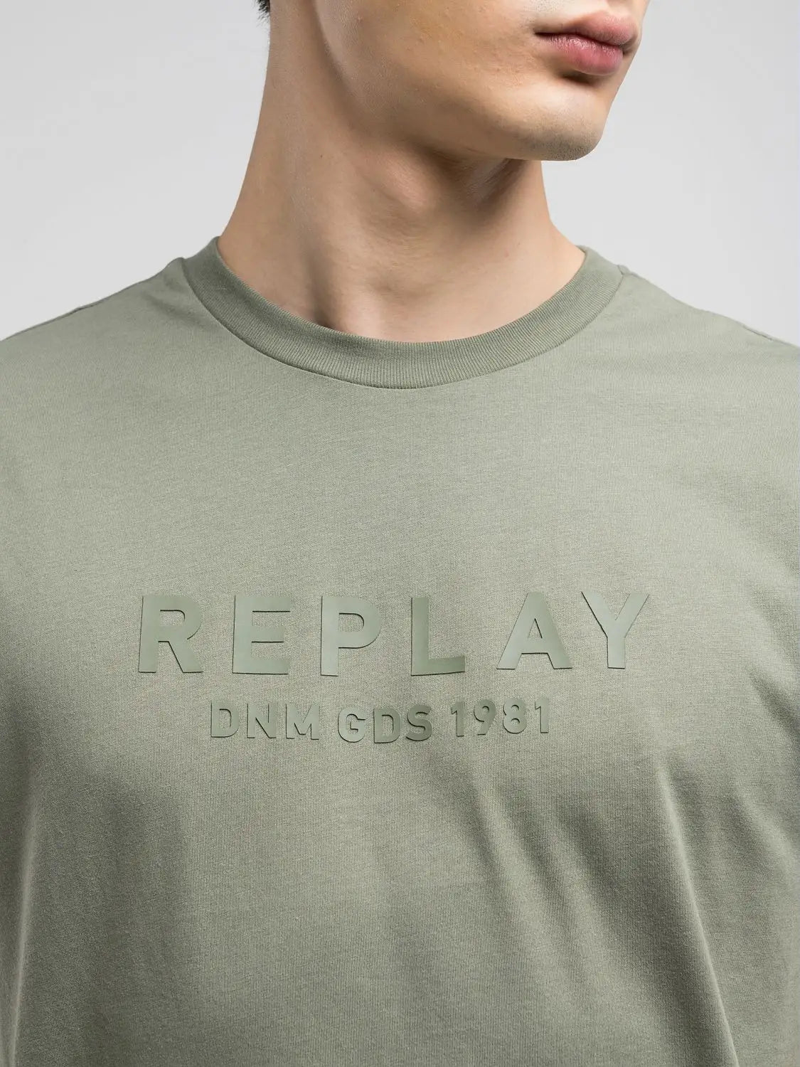 Replay SS25-26 T-shirt con Stampa Lettering in Jersey Fiammato Sage Green Man