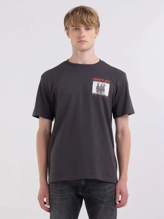 Replay PE24 T-Shirt in Jersey con Stampa Motorcycle Black Man