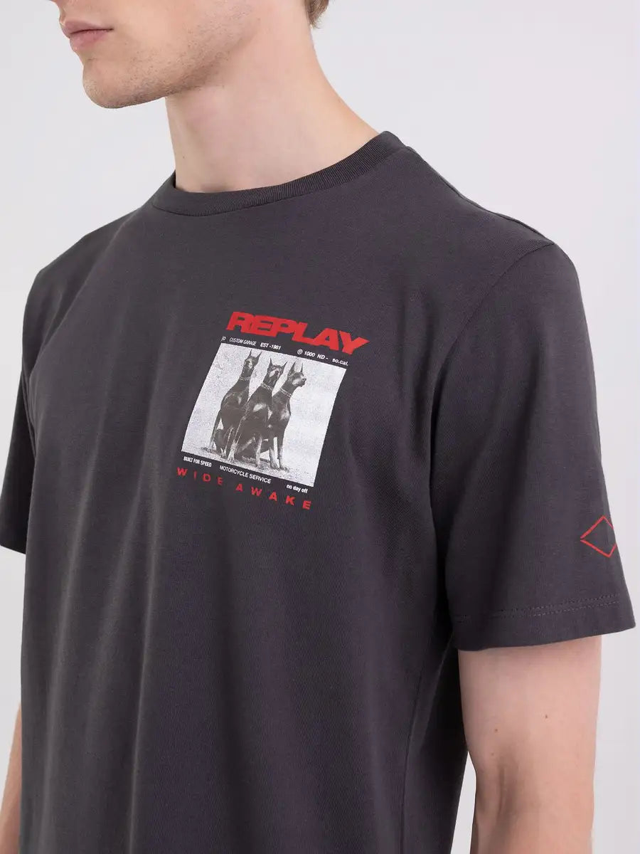 Replay PE24 T-Shirt in Jersey con Stampa Motorcycle Black Man