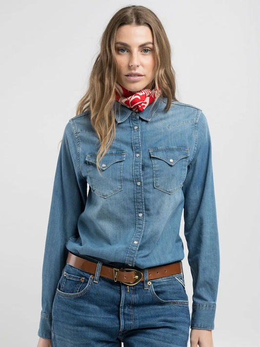 Replay SS25-26 Camicia Western Slim Fit in Denim Medium Blue Woman