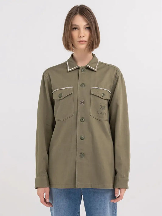 Replay PE24 Overshirt Boy Fit con Strass Light Military Woman